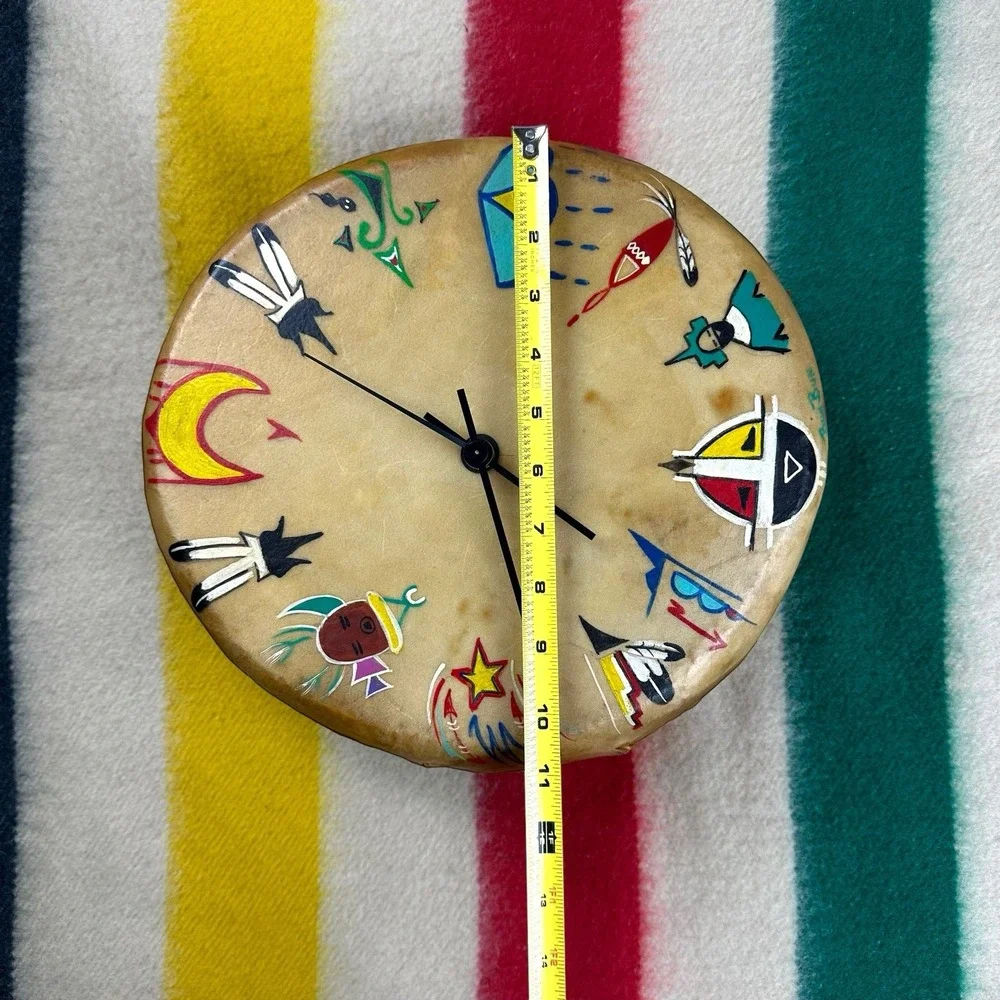 VTG Native American Clock Drum Cow Hyde Wood Symbols - WORKS‎ Artist 